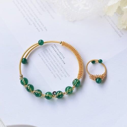 Natural Original Moisturizing Emerald Green Transparent Agate Fashion Open Bangle 14k Gold Filled Hand-woven Ladies Jewelry