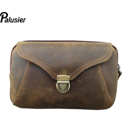 New Retro Men Crazy Horse Cowhide Waist Pack Genuine Leather Mens Casual Purse Cash Slot Mobile Phone Pouch Belt Bum Bag