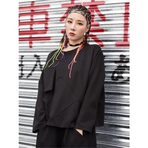 European and American 2021 Spring and autumn new womens clothing loose personality stitching long sleeve round collar t-shirt H