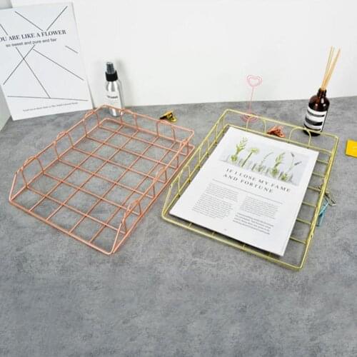 Newspaper Organizer Nordic Rose Gold Metal Stackable Storage Basket Frame Rack Office Desktop A4 Paper Finishing Basket