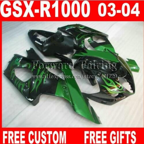 Fairings for 2003 2004 SUZUKI GSXR1000 K3 fairing kits GSXR 1000 03 04 GSXR 1000 black green flames 7 gifts SJ846