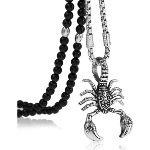 MensPunk Stainless Steel Scorpion King Knight Fleur De Lis Cross Pendant Necklace with Black Natural Stone Chain 26"