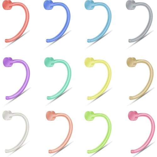 12PCS Plastic Bioflex Nose Piercing Jewelry 20G 12 Colors C-Shaped Flexible Nose Retainer for Women Punk Acrylic Nose Rings Hoop