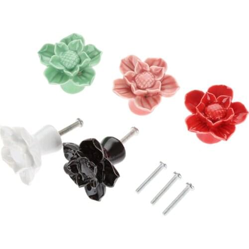 1Pc Retro Lotus Flower Furniture Door Pulls Handle Ceramic+Zinc Alloy Child Room Cupboard Drawer Kitchen Cabinet Knobs & Handles