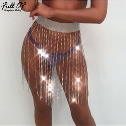 Sexy Women metal chain diamonds tassel summer Skirts Novelty Crystal Womens luxury Club Ladies Party Mini Sequins Skirt 2020 HL