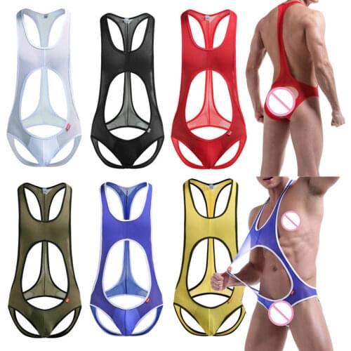 Sexy Mens Undershirts Hollow Out Jumpsuits See Through One-piece Bodysuits Wrestling Singlet Leotard Backless Briefs Underwear