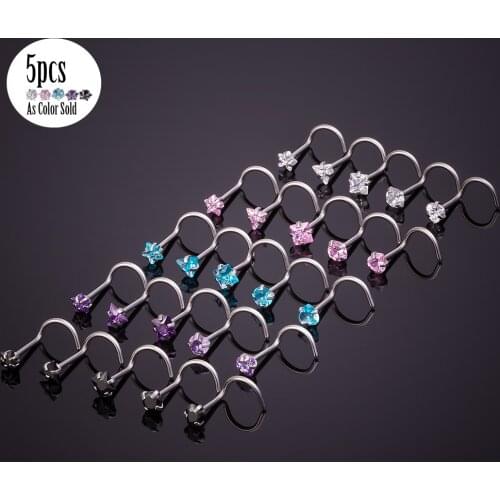 HONGTU 5 Pieces 1 Lot 20G Nostril Piercings CZ Crystal Piercing Nose Stud Stainless Steel Star Nose Rings Nariz Piercing Jewelry