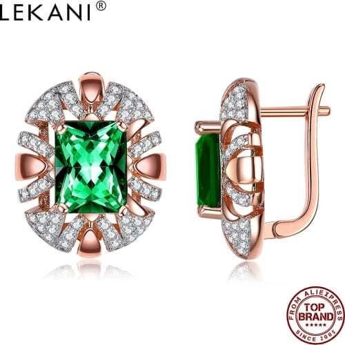 LEKANI Hollow Oval Stud Earrings For Women Geometry Square Green Cubic Zirconia Rose Gold Color Earring Party Fashion Jewelry