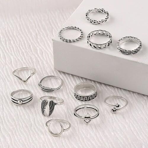 Vintage Crescent Wings Geometric Triangle Heart Rings Woman Totem Leaf 12Pcs Unusual Moon Ring Set 2021 Fashion Jewelry Girl
