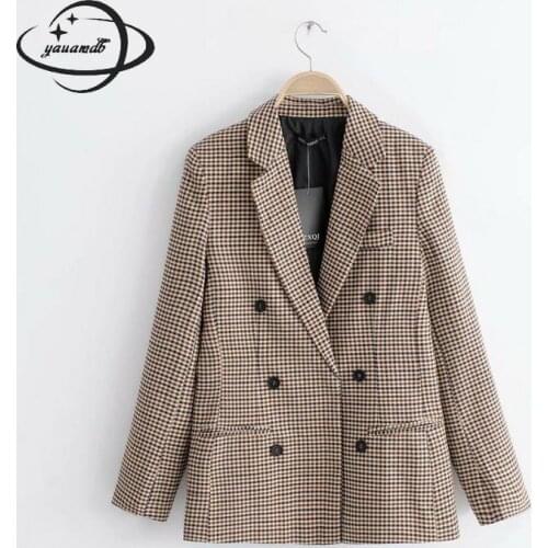 Womens Blazers Spring Autumn Female Suit Jackets Clothing Regular Double Breasted Plaid Casual Woman Clothes Y74