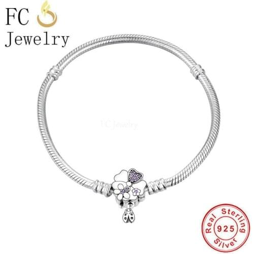 FC Jewelry 925 Sterling Silver Ladybug Flower Zirconia Clip Bracelet Fit Charm Bead Snake Chain For Women No Brand Logo Berloque