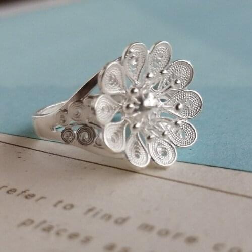 Daisy Flower 999 Sterling Silver Women Rings Big Boho Adjustable Finger Ring Engagement Wedding Luxury Jewelry Handmade Ethnic