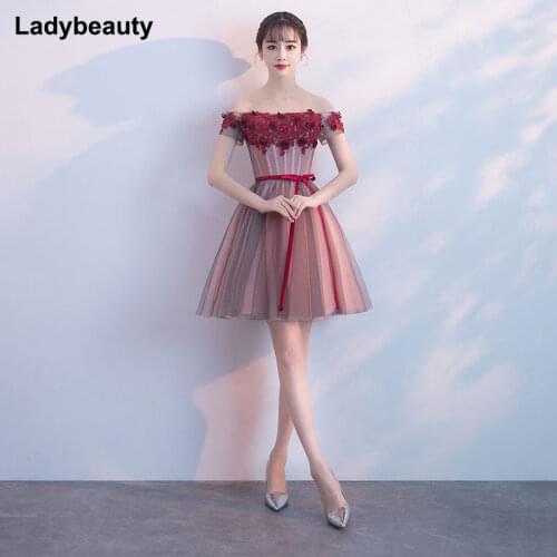 Ladybeauty Sexy Short Prom Dresses Boat Neck Flowers Beaded Formal Wine Red Backless Women Occasion Party Gown