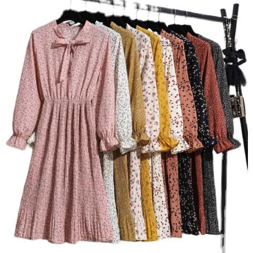 Women Casual Dress Long Sleeve Bow Collar Lady Vintage Floral Printed Shirt Long Dress