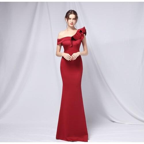 Charming Boat Neck Wine Red Ruffles Sleeves Evening Gowns For Women Long Sexy Mermaid Strapless Open Back Vestidos De Fiesta