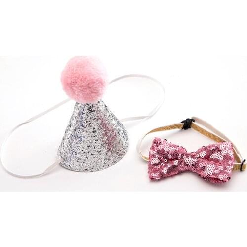 1 Set Cat/Dog Glittery Tie Birthday Hat Headband Glitter Pink Blue Theme Birthday Headwear Hairband Baptism Party