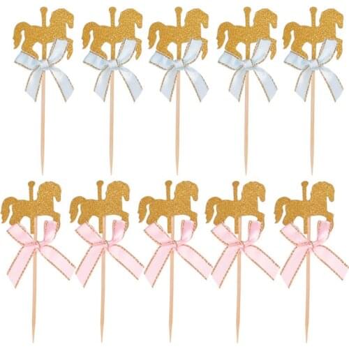 20Pcs Lovely Carousel Shape Cake Toppers Delicate Cupcake Dessert Toppers Party Bithday Decoration (Blue/Pink Bowknot)