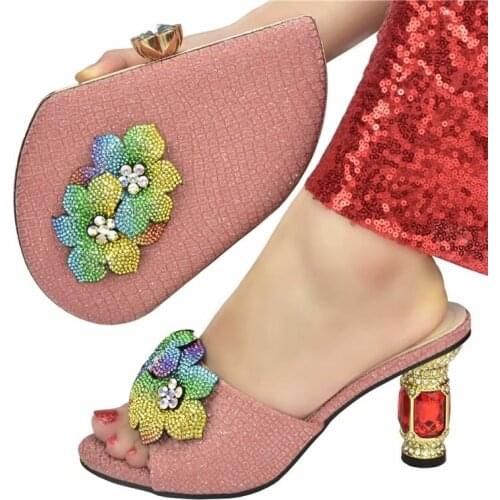 2021 Latest Wedding African Party Italian design Shoes with Matching Bags for Wedding in Peach Color Shoe and Bag Set