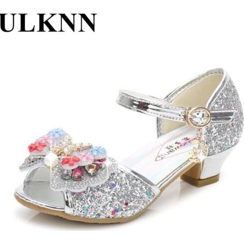 ULKNN Glitter Sandals For Grils Rhinestone Butterfly Latin Dance Kids Shoes Children High Heel Princess Shoes Leather Wedding