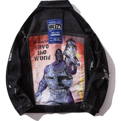 Character Print Hole Jeans Jacket Men Plus Size Chaqueta Hombre Windbreaker Bomber Jacket Male Denim Coat