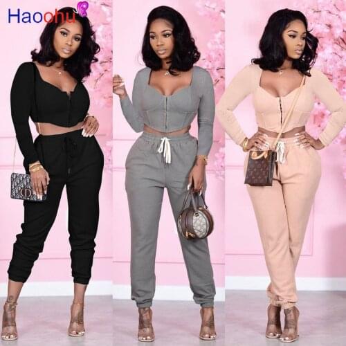 HAOOHU Fitness Solid Patchwork Women 2 Piece Set Long Sleeve Sexy Deep V Neck Crop Top Skinny Jogging Leggings Sport Tracksuit