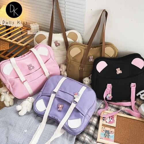 Ladies Canvas Handbag Female Cute Cute Bear Ear Shoulder Bag JK Japanese Uniform Student Bookbag Girls Bear Pendant Casual Totes