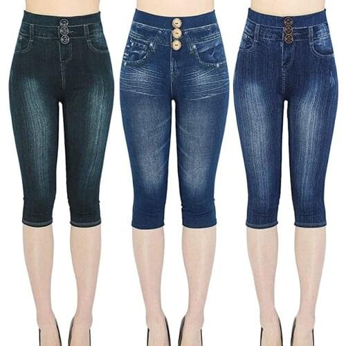 Faux Jeans Leggings Woman Stretch Printed Short Leggins Pants Summer Breeches High Waist Perfect Fit Jeans Jeggings