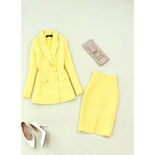 Set womens new fashion long-sleeved double-breasted womens yellow long paragraph suit + bag hip high waist skirt OL wind suit