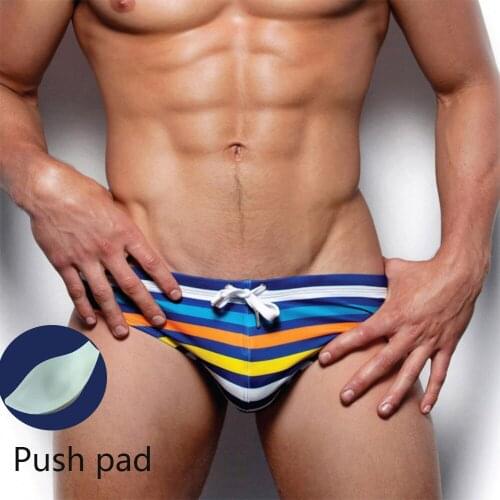 Swimsuit Men Sexy Swimming Shorts with Sponge Push Pad Swimming Quick-Drying Shorts 2021 Summer Stripes Beach Shorts Pool Surf