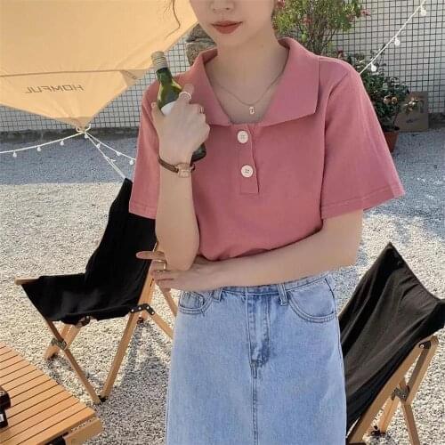 Summer Fashion Korean Solid Polo Shirt Harajuku Japan Casual Student T Shirt Hip Hop Punk Loose Student Shirt Funny Tops Girl