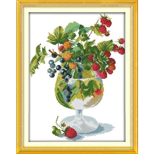 Strawberry and wine glass cross stitch needlework kit fruit food 14ct 11ct pre stamped fabric embroidery DIY handmade needlework