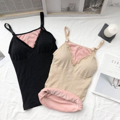 2018 New Autumn Winter Women Lace Patchwork Tanks Warm Thick Velvet Camis Female Slim Sleeveless V Neck Vest Bottoming Tops