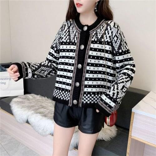 Autumn Winter Sweaters 2020 Woman Sweater and Cardigans Button Up Striped Knit Jacket Roupa Mujer Oneck Vintage Cardigans