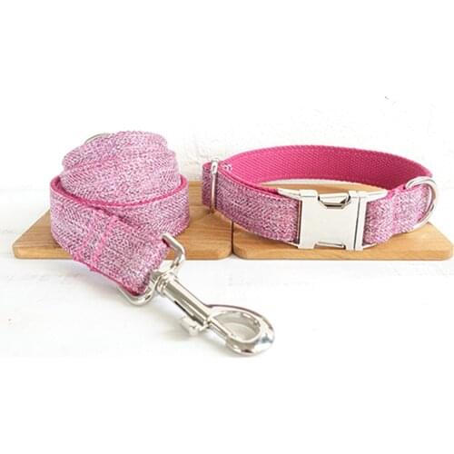 Customized Dog Collar Engraved Puppy ID Tag Leash Collar Set Adjustable Outdoor Solid Fiber Cotton Pet Collar Leash PINK SUIT