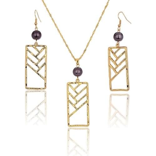 SophiaXuan Hollow Geometric Necklace Earrings Hawaiian Black Pearl Polynesian Samoa Jewelry Set Earing Necklaces Sets for Women