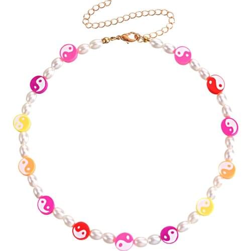 Yin and Yang Tai Chi Gossip Beaded Necklace for Women Imitation Pearl Clavicle Chain Short Necklaces Female 2021 Fashion Jewelry