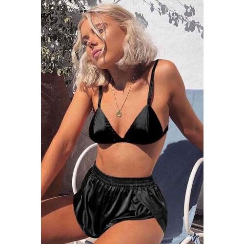 Merry See Satin Bra Shorts Pajamas Suit Black