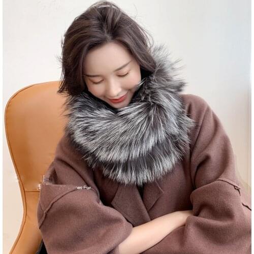 Natural Silver Fox Fur Scarf Women Fashion Warm Winter Female Genuine Fur Scarves Round Neck Warmer Femme
