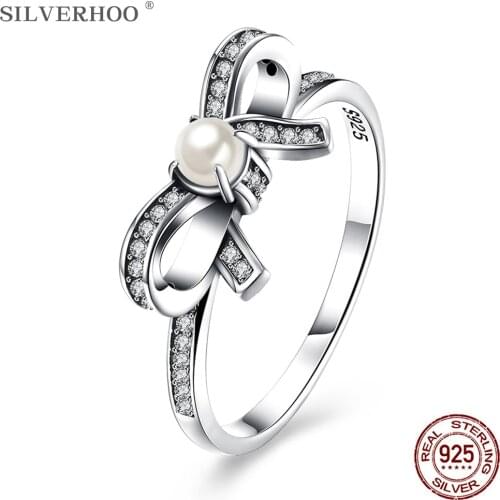 SILVERHOO Real 925 Sterling Silver Vintage Bowknot Rings Women 5A Cubic Zirconia With Elegant Imitation Pearl Ring Fine Jewelry
