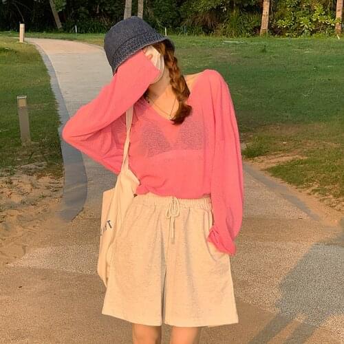 Sunscreen Shirt Thin V-neck Long-sleeved T-shirt Female Summer New Style Korean Loose Thin Section All-match Casual Top