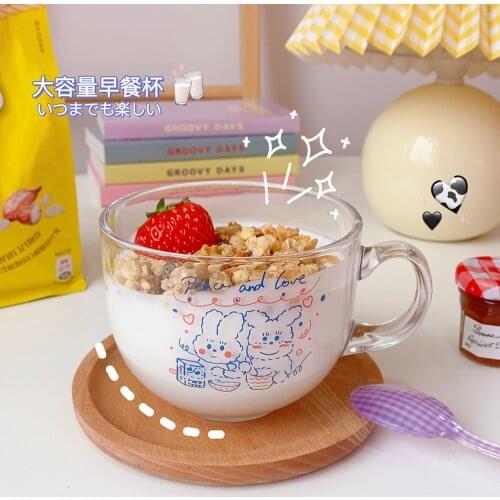 W&G Ins Large-capacity Breakfast Oatmeal Milk Glass Thickened with Handle Large-caliber Small Bowl Cup Student