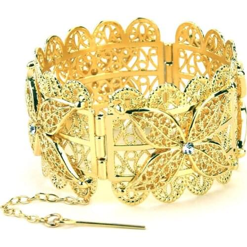 Sunspicems Algeria Metal Flower Bangle Cuff Bracelet for Women Gold Color African Ethnic Wedding Jewelry Morocco Banquet Gift