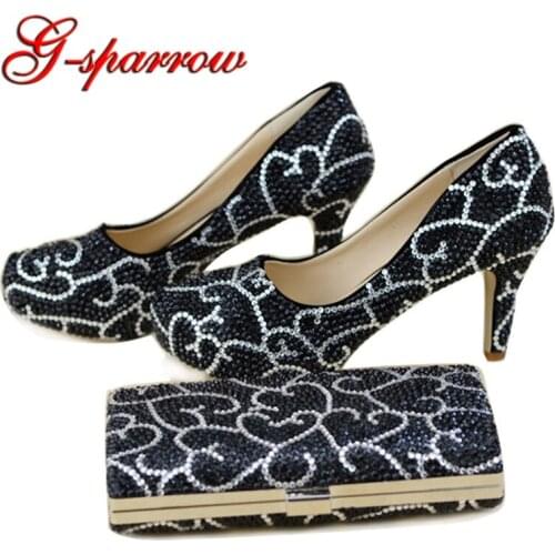 2018 Crystal Wedding Shoes Black Rhinestone Woman Formal Dress Shoes with Matching Purse 3 Inches High Heel Adult Ceremony Pumps