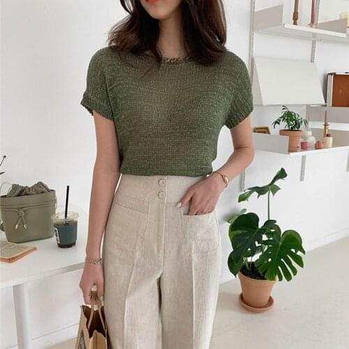 All-Match Fashion Green Loose Knitting Tshirt Women Summer 2021 Thin Sun Protection Korean Style Clothing Casual Tops Ropa Mujer