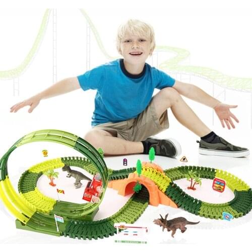 Railway Magical Glowing Flexible Track Car Dinosaur Rail World Park Educational Flash Light Vehicle DIY Toys Gift For Kid Adult