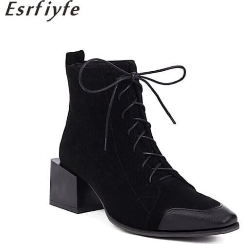 ESRFIYFE 2021 New Fashion Autumn Winter Ankle Boots Square Toe Thick Heels Party Boots Lace Up Shoes Woman Large Size 34-48
