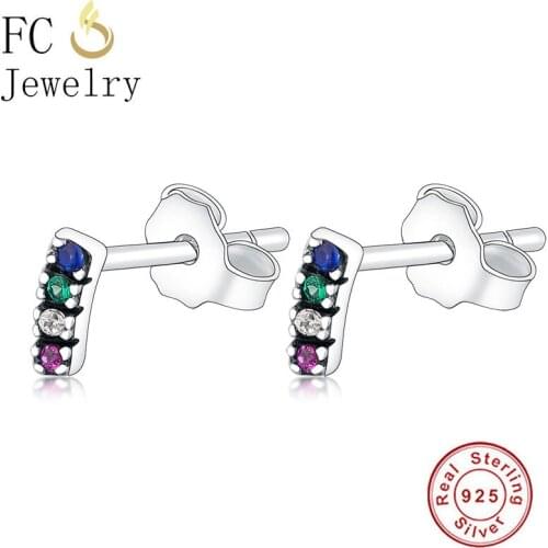 FC Jewelry 100% 925 Silver Small Bar Arc Rainbow Green Color Zirconia Geometric Stud Earrings For Women Minimalist Brincos 2020