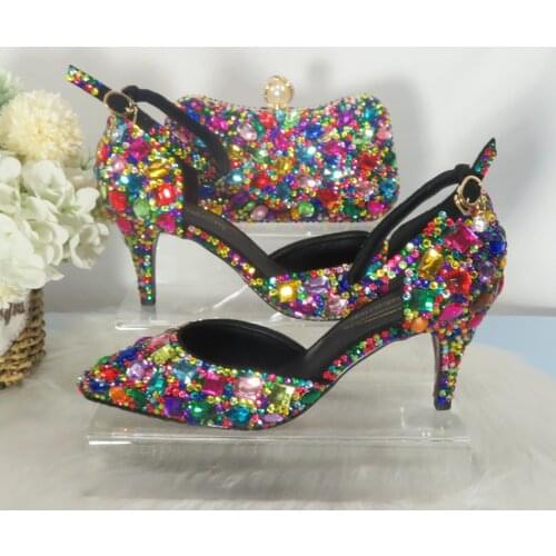 2021 Women wedding shoes with matching bags Multicolored Crystal High heels Ladies Party Dress shoes women Pumps super big size