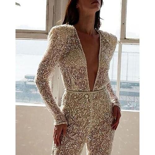 Streetwear White Sequins Jumpsuits Sexy Bodysuit Women Lace Bodies For Women Sexy Overalls Rompers Lady Slim New Arrival