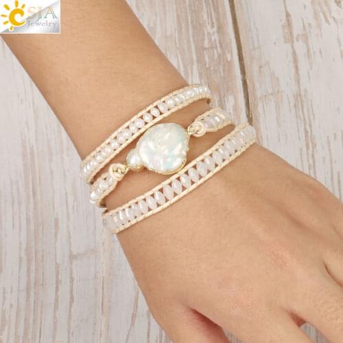 CSJA Bohemia Multilayer Wrap Leather Bracelets Adjustable White Freshwater Pearls Glass Crystal Charm Women Woven Bracelets S474